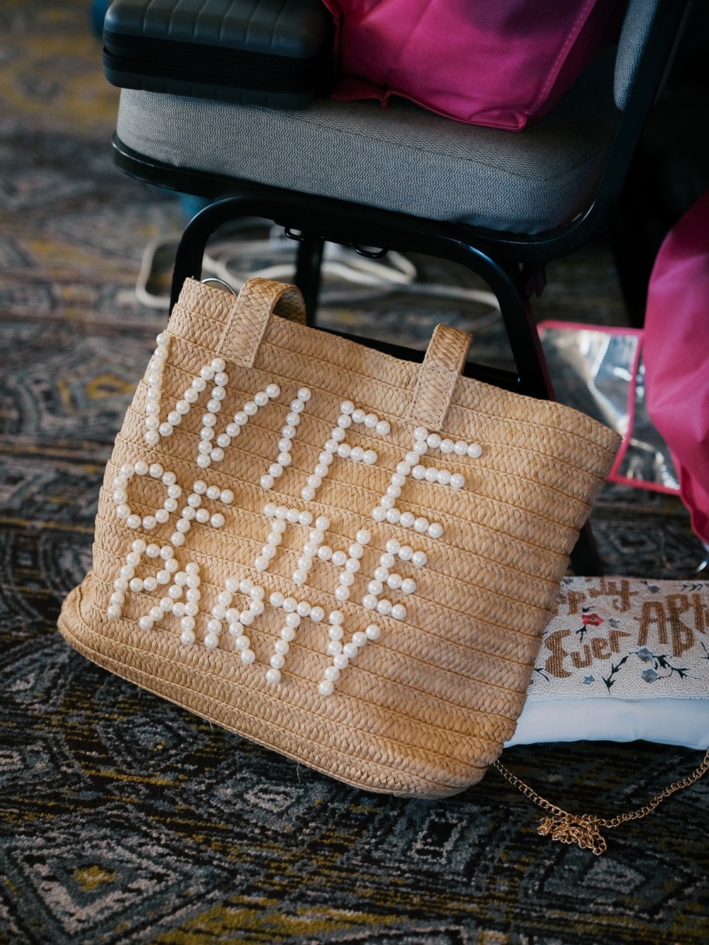 UNTAMED PETALS BY AMANDA JUDGE Beige Straw Tote with Pearl "WIFE OF THE PARTY"